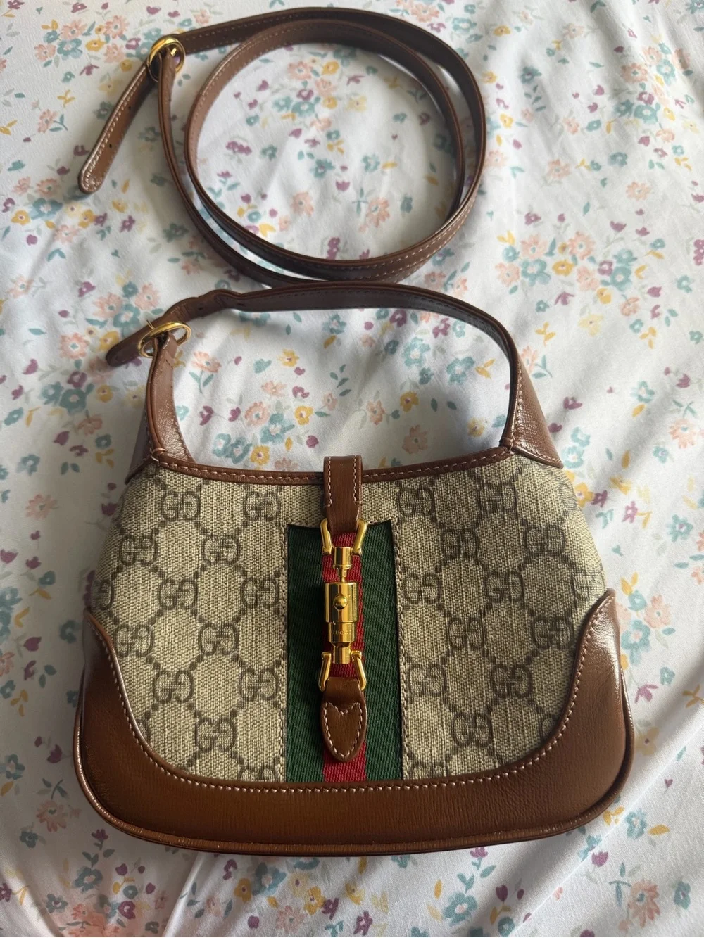 Gucci Beige GG Canvas Shoulder Bag with Brown Leather and Green-Red Web